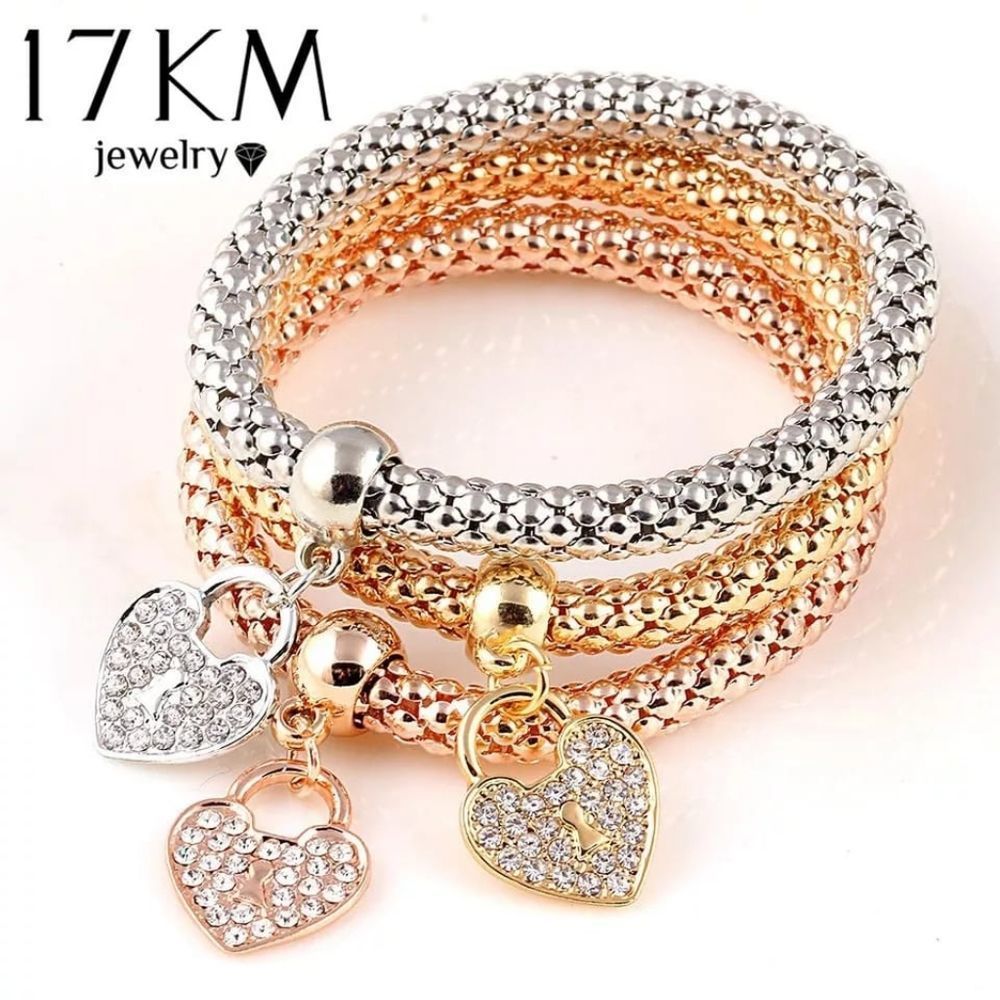 3Pcs Gold Color Heart Charm Elastic Bracelets For